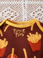 2pcs Infant Boys' Fun And Cute French Fries Printed Long Sleeved Bodysuit