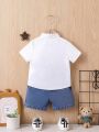 2pcs Baby Boys' Spring/Summer White Half-Zip Embroidered Short Sleeve Top And Denim Shorts Trendy Outfit