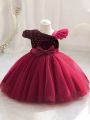 Young Girl's Glittery Panel & Bowknot Front Mesh Princess Dress