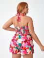 Retro Peaches Plus Size Women'S Floral Printed Halter Neck Backless Jumpsuit