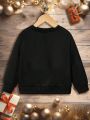 Little Girls' Casual Plus Velvet Round Neck Long Sleeve Sweatshirt With 2024 New Year Pattern, Suitable For Autumn/Winter
