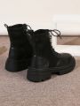 Women's Retro Black Lace-up Short Boots With Thick Soles In British Style