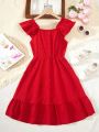 Solid Color Ruffle Trim Dress For Teen Girls