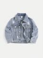 SHEIN Baby Boy Loose Fit Casual Denim Jacket With Turn-Down Collar, Distressed Detailing And Long Sleeves