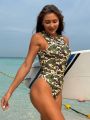 SHEIN Swim SPRTY Women One-Piece Swimsuit With Floral And Camouflage Print For Beach And Vacation