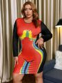 SHEIN Slayr Plus Size Women's Pattern Printed Long Sleeve Wrap Bodycon Dress