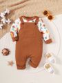 Baby Boys' Animal & Floral Printed Round Neck Long Sleeve Sweatshirt And Overalls Two-Piece Set