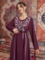 SHEIN Modely Women'S Long Sleeve Dress With Plant Embroidery