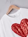 SHEIN Tween Girl Knitted Solid Color Splice Weaved Sequined Heart Pattern Round Neck Loose Romantic Sweatshirt