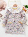 SHEIN Kids QTFun Little Girls' Exquisite Flower Print Long Sleeve Dress With Peter Pan Collar