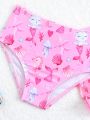 Baby Girl 3pcs/Set Random Printed Bikini Swimsuit With Ruffled Hem Decoration
