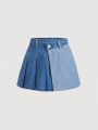 SHEIN Teen Girl's Asymmetrical Color Block Patchwork Denim Skirt