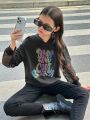 SHEIN Kids Y2Kool Tween Girls' Sporty Sweet Hooded Sweatshirt With Splice Design