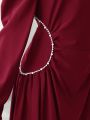 SHEIN Tween Girls' Vintage Pearl Decorated Long Sleeve Elegant Mid-Length Dress