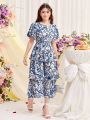 SHEIN Teen Girl's Weaved Floral Print Casual Dress With Ruffle Hem