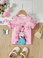 SHEIN Kids QTFun Girls' Knitted Solid Color Cute Little Girl & Letters Pattern Cold-Shoulder Casual T-Shirt