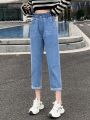 Teenage Girl's Vintage Pleated High Waist Academy Style Comfortable Light Blue Cone-Shaped Seven-Point Jeans