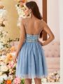 SHEIN Belle Sequined Backless Mesh Spaghetti Strap Party Dress