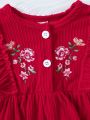 Baby Girl Floral Embroidery Ruffle Trim Flounce Sleeve Dress With Hat