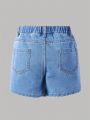 Girls' Casual Elastic Waist Button-Front Denim Skirt With Cute Flower Pattern Print, Light Blue Wash