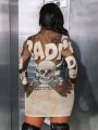 SHEIN Slayr Women's Bodycon Long Sleeve Dress With Skull & Slogan Print