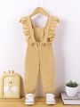 Infant Girls' Khaki Sleeveless Fly Sleeve Overalls Jumpsuit, Cute Casual Style For Everyday Wear In Spring And Summer