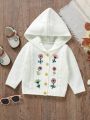 Baby Girls' Lovely Floral Embroidery Hooded Cardigan With Towel Fabric, Autumn And Winter