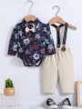 Infant Boys' Gentleman Style Long Sleeve Jumpsuit With Suspender Pants Two-piece Set For Spring And Autumn