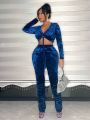 SHEIN SXY Party Velvet Crop Top & Pleated Pants Set