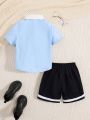 SHEIN Kids Academe Young Boys' Color Blocked Short Sleeve Shirt And Shorts Set From Unified Academy