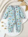 Baby Boys' Full Printed Long Sleeve Jumpsuit With Diagonal Zipper, Food And Beverage Theme