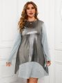 Women's Plus Size Color Block Loose Fit Casual Long Sleeve Dress With Round Neckline