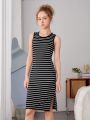 Teen Girls' Casual Basic Striped Split-back Tank Dress With College Style