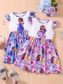 SHEIN Kids QTFun Little Girls' Cute Printed Flying Sleeve Dress With Ruffle Hem, Suitable For Spring And Summer Holidays