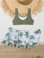Tween Girls' Palm Tree Printed 3pcs Bikini Swimsuit Set