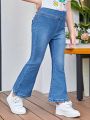 SHEIN Young Girl Elasticity Slim Fit Water Wash Soft & Comfortable Denim Bell Bottom Pants For Casual Wear