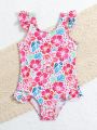 Baby Girls' Floral Printed One-Piece Swimsuit With Ruffle Hem Design
