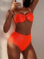 SHEIN Swim Basics Women's Solid Color Ribbed Bandeau Bikini Set With Tie Straps