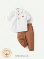 Cozy Cub Baby Boy Decorated Chapter Lapel Casual Shirt Solid Color Trousers Two-Piece Set