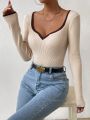SHEIN Essnce Contrast Binding Sweetheart Neck Ribbed Knit Sweater