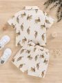 SHEIN Baby Boys' Cartoon Animal Pattern Half Placket Polo Short Sleeve Top And Casual Shorts 2pcs Set
