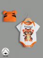 SHEIN 2pcs/Set Baby Boys' Casual Tiger Print Bodysuit With Hat