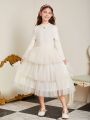 SHEIN Kids FANZEY Elegant Knitted Solid Color Stand Collar Woven Woven Solid Mesh Elegant Dress For Older Girls
