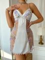 Women's Floral Embroidery Mesh Splicing Cami Nightgown