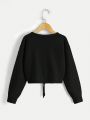SHEIN Teen Girls' Long Sleeve V-Neck Drawstring Sweater