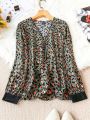SHEIN LUNE Ladies Plus Size Zipper Half-placket All-over Printed Casual Shirt