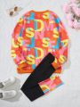 2pcs/Set Teen Girls' Trendy Sweatshirt And Leggings With Letter Print