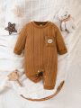Baby Boy Bear Embroidery Pocket Patched Button Detail Jumpsuit