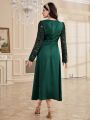 SHEIN Mulvari Women's Shiny Long Sleeve Pleated Waist Belted Dress
