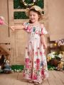 SHEIN Kids SUNSHNE Toddler Girls Floral Print Off Shoulder Ruffle Trim Overlay Romper